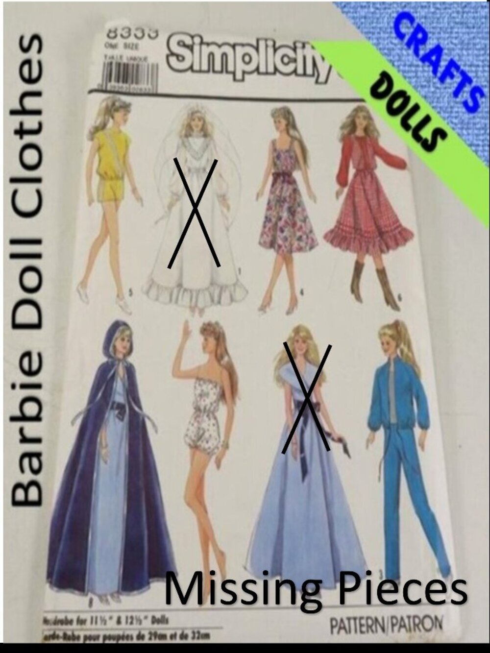 Simplicity 8333 Sewing Pattern 11.5 & 12.5" tall Doll Clothes INCOMPLETE see all